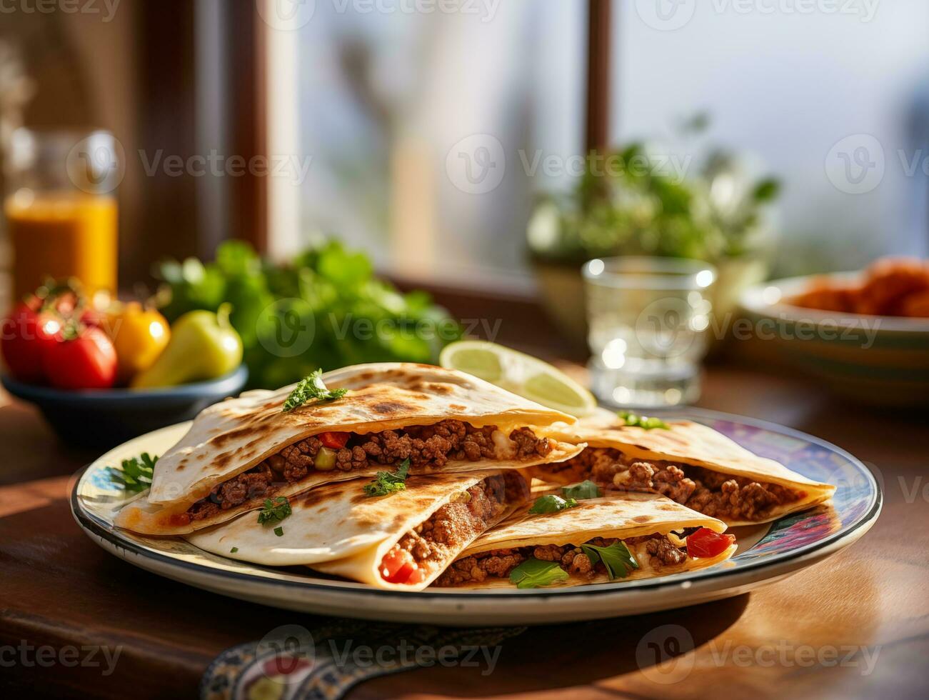 AI generated Delicious Mexican quesadilla with minced meat, vegetables and greens. Traditional food, Latin American, Mexican cuisine. Photorealistic, background with bokeh effect. AI generated. photo