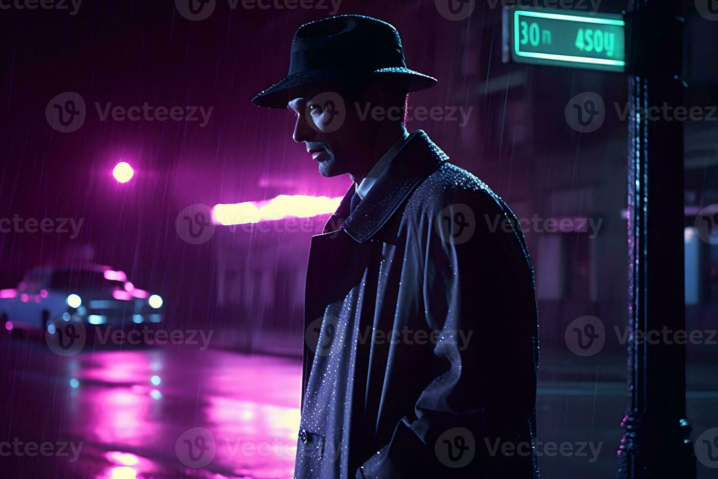 AI generated Detective in the rain in the night city. Neural network AI generated photo