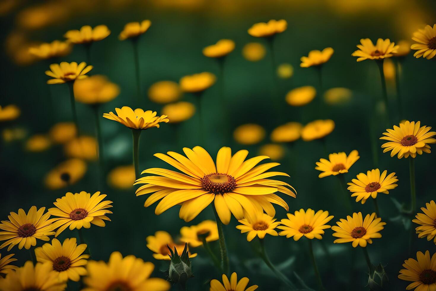 AI generated yellow flowers in a field with green background photo