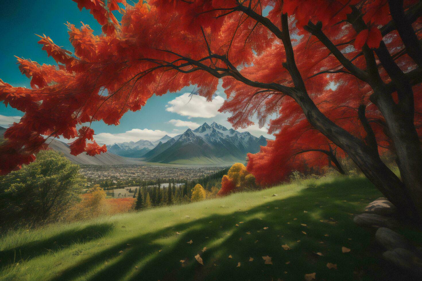 AI generated Beautiful autumn landscape with colorful trees, mountains and lake. generative ai photo