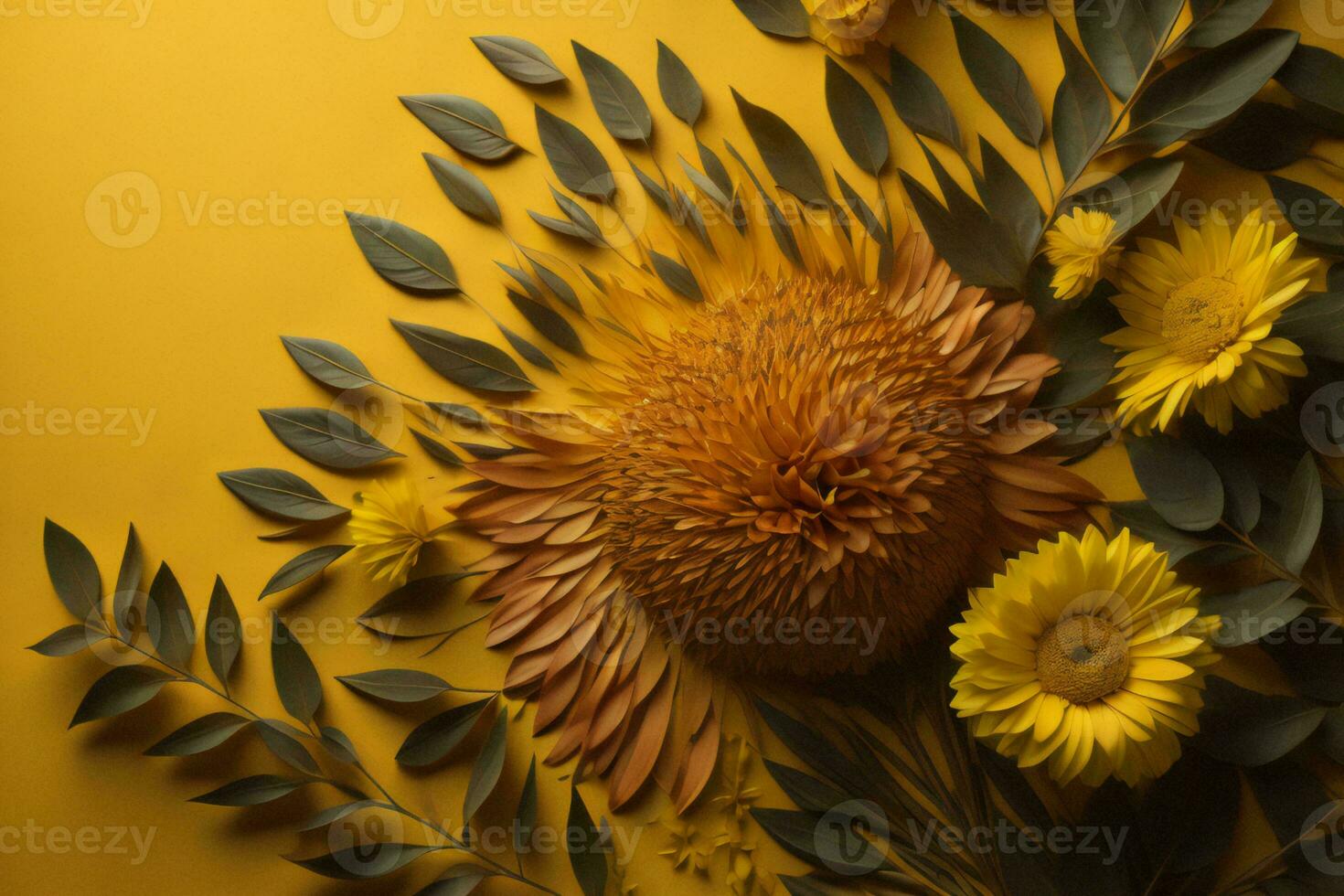 AI generated Autumn composition with sunflower and leaves on yellow background. Flat lay, top view. generative ai photo