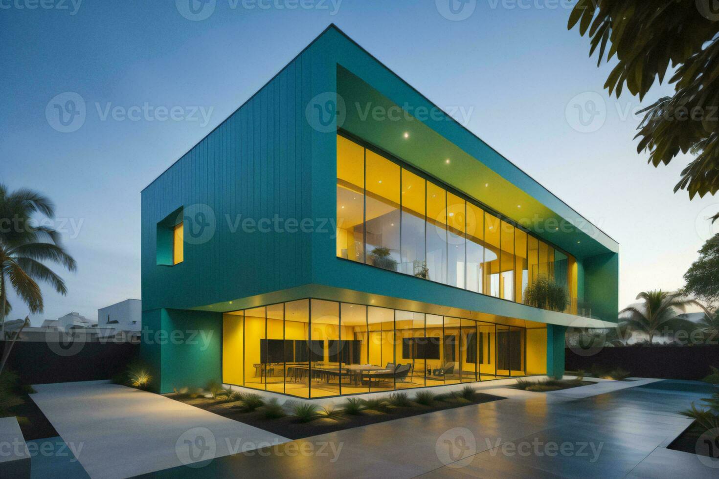 AI generated modern house with garage and pool for sale or rent. generative ai photo