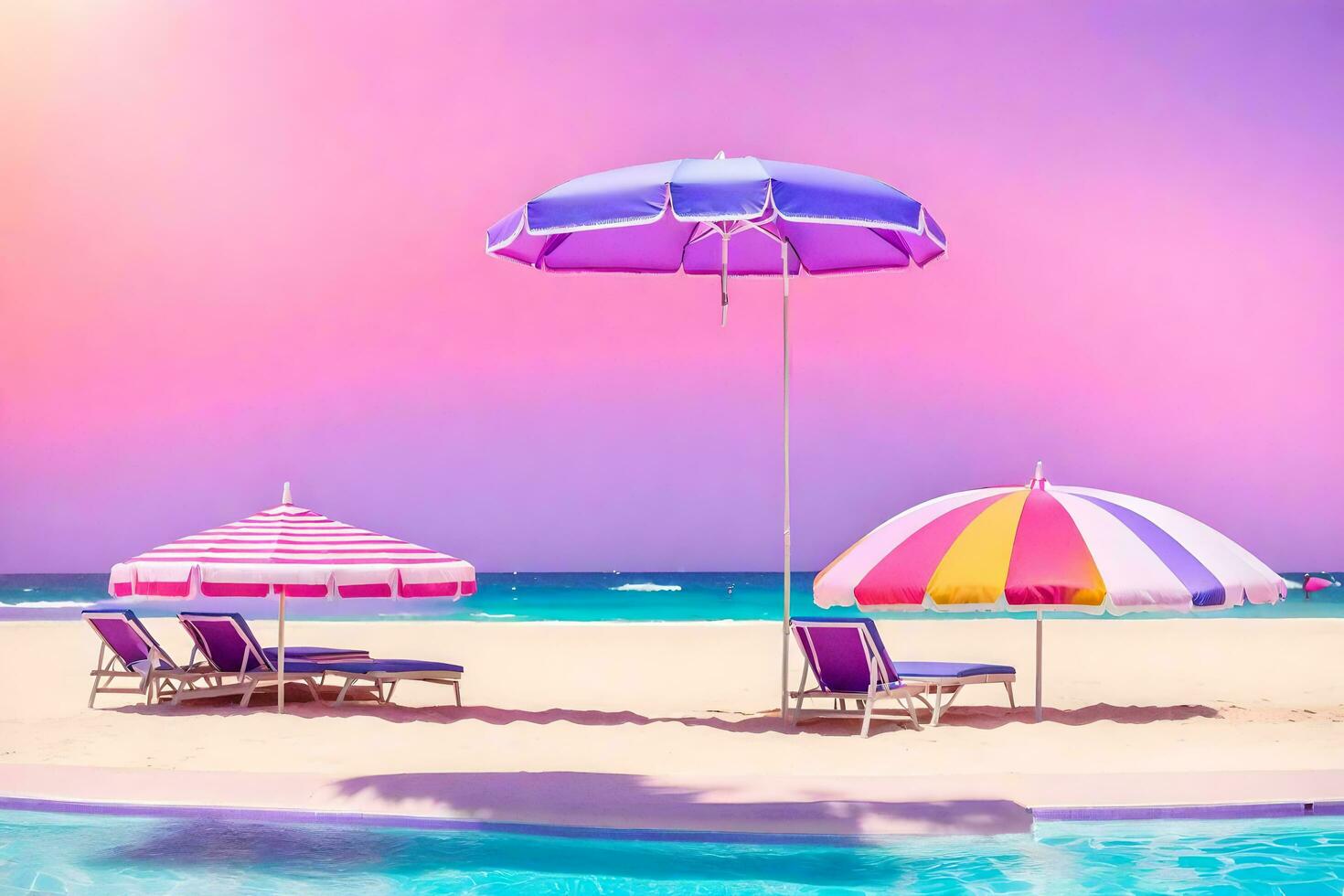 AI generated colorful umbrellas and chairs on the beach photo