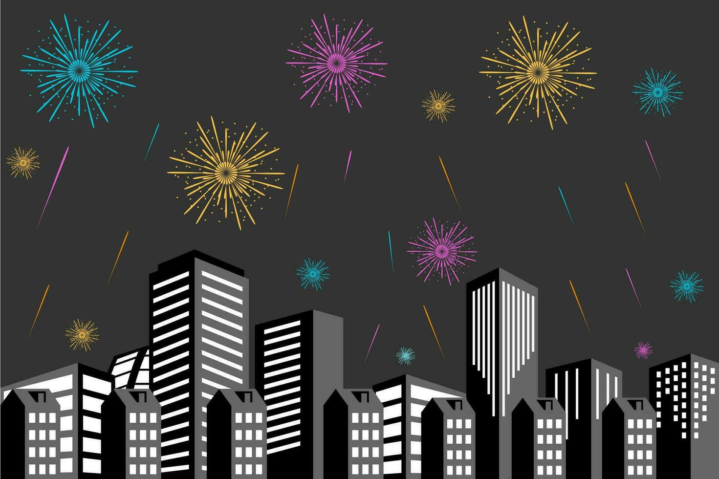 Vector illustration of a festive fireworks display over the city at night scene for holiday and celebration background design.