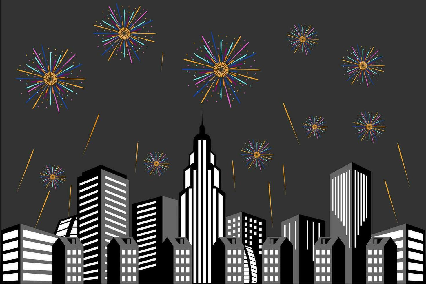 Vector illustration of a festive fireworks display over the city at night scene for holiday and celebration background design.