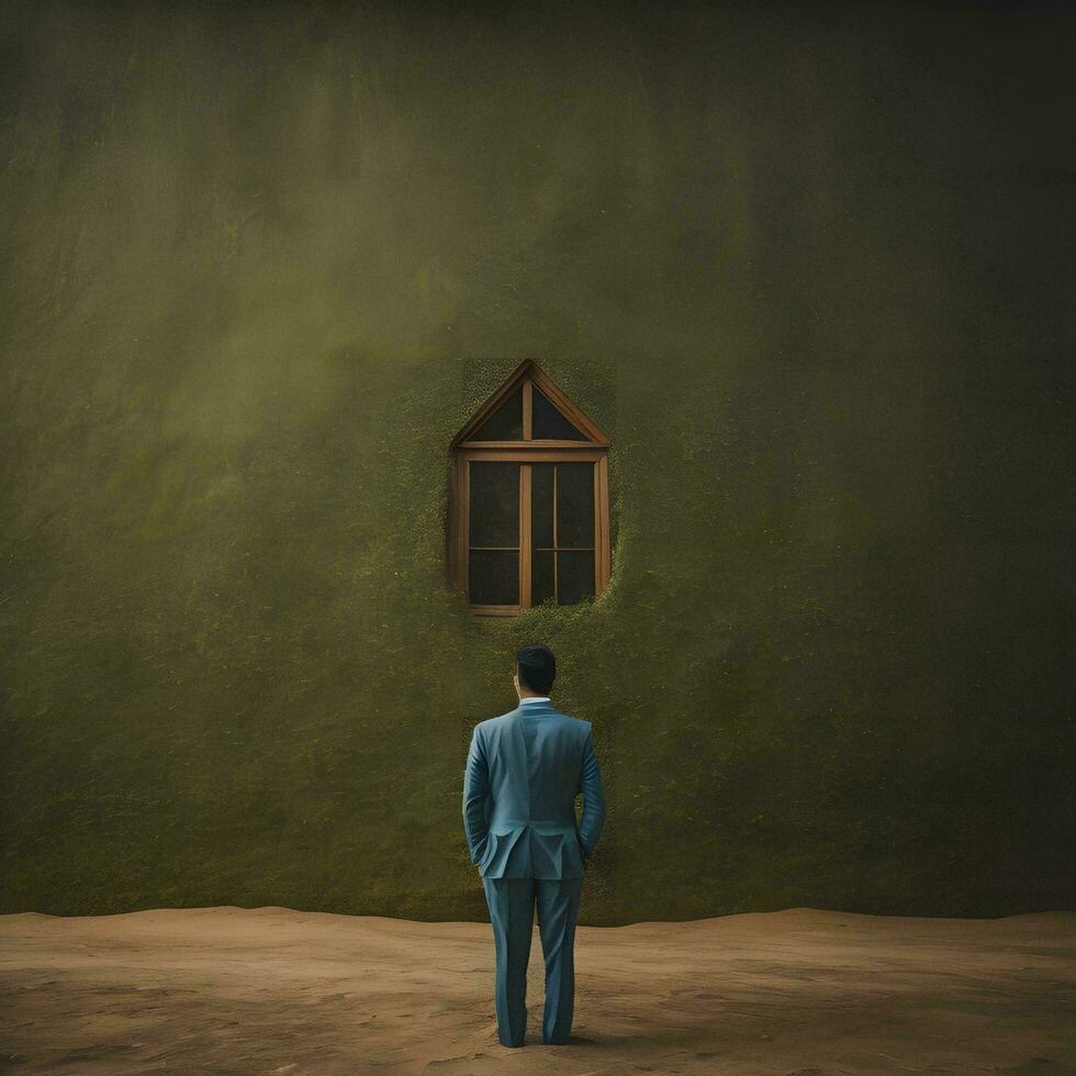 AI generated Businessman looking at the wall with a window in the shape of a house. generative ai photo