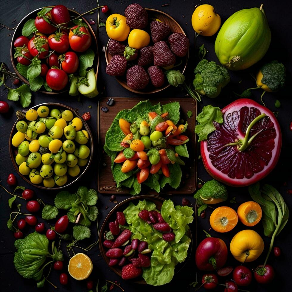 AI generated Fresh fruits and vegetables on black background. Healthy food concept. Top view. generative ai photo