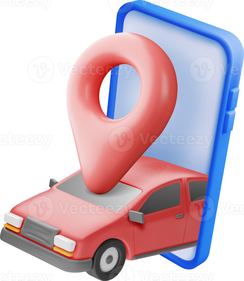 3D Sedan Car, Location Pin on Smartphone Screen png
