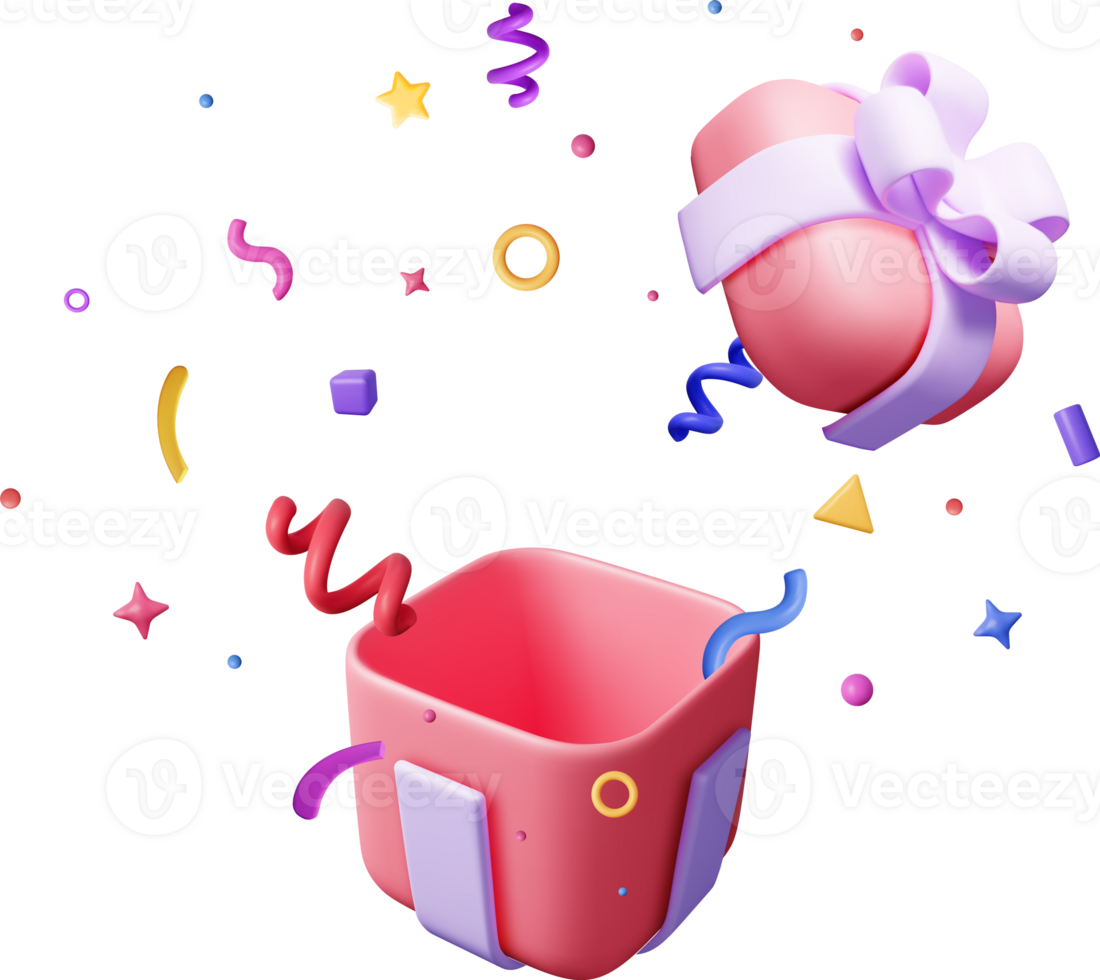3D Open Gift Box With Falling Confetti. png