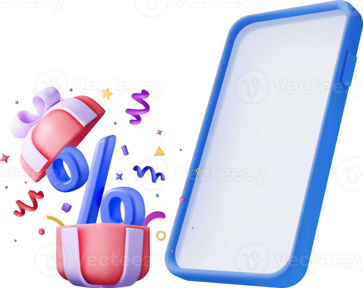 3D Gift Box with Percentage Symbol and Smartphone png
