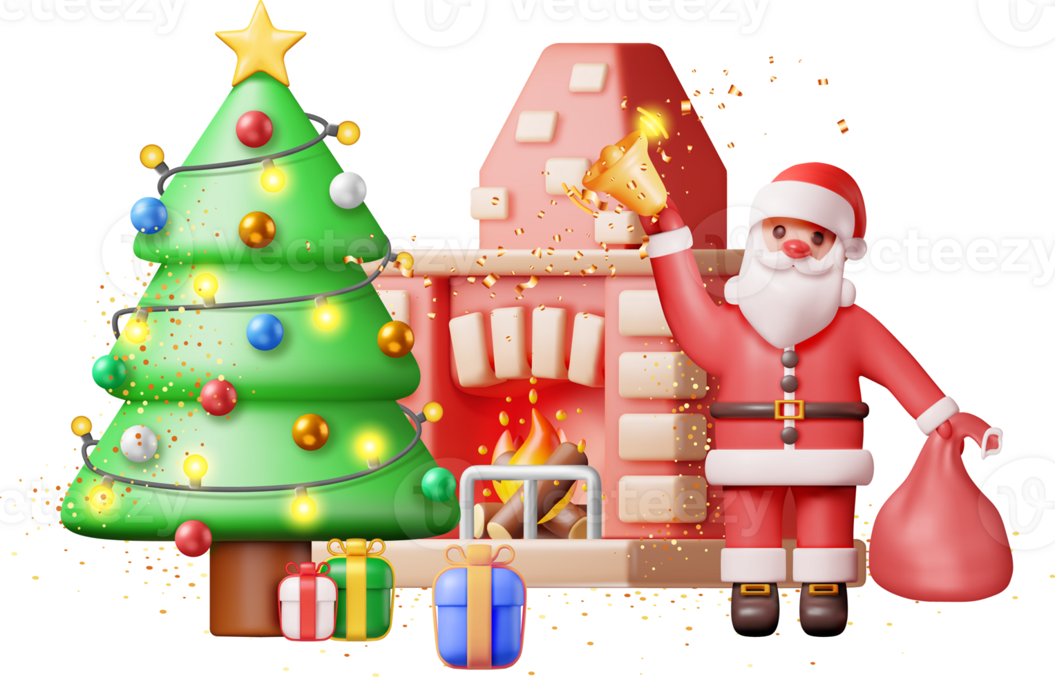 3D Red Brick New Year Fireplace and Santa Claus. png