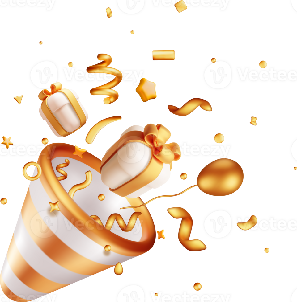 3D Gold Party Popper with Confetti png