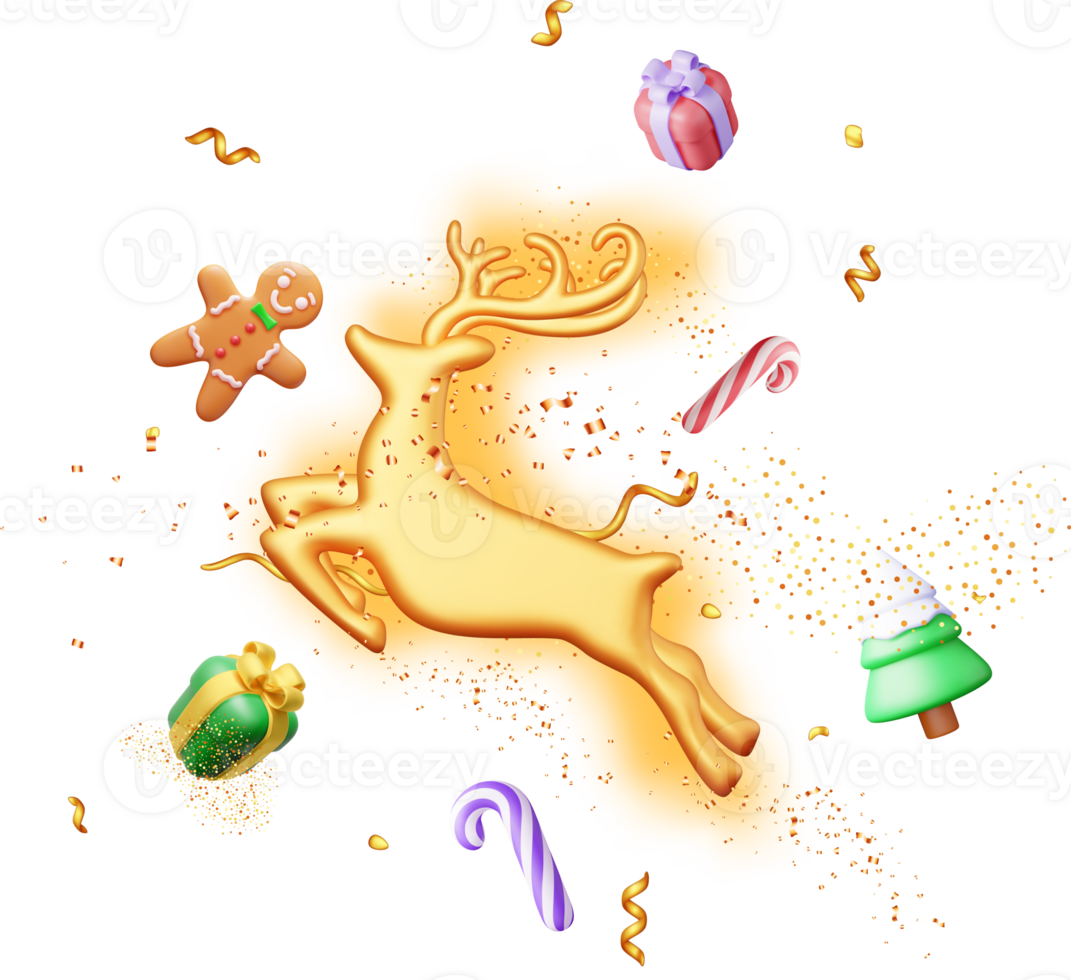 3D Deer with Golden Horns and Christmas Tree png