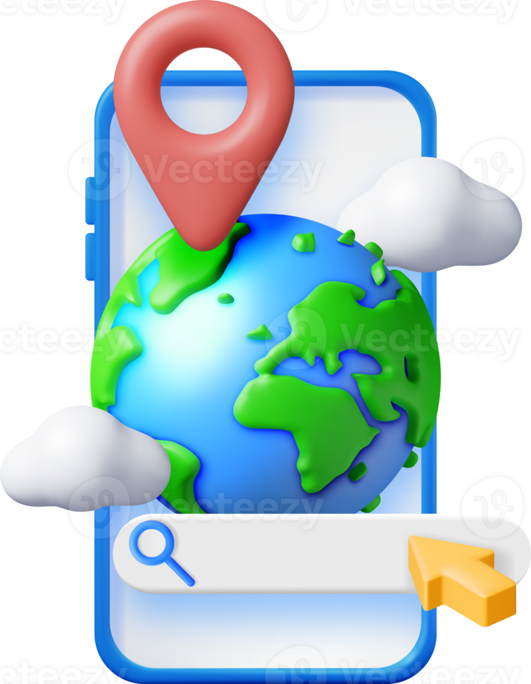 3d Globe, Search Bar and Location Pin on Phone png