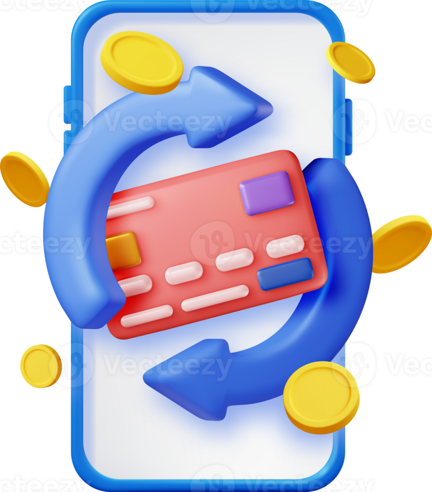 3D Arrow with Bank Card and Golden Coins in Phone png