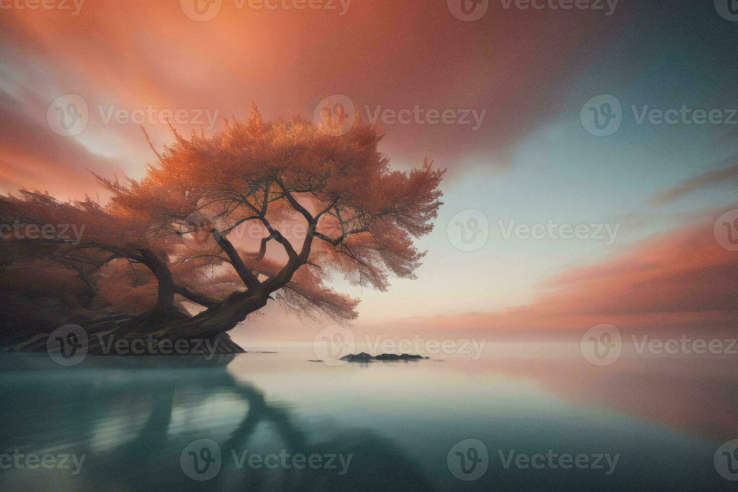 AI generated Beautiful seascape with a tree in the foreground at sunset. generative ai photo
