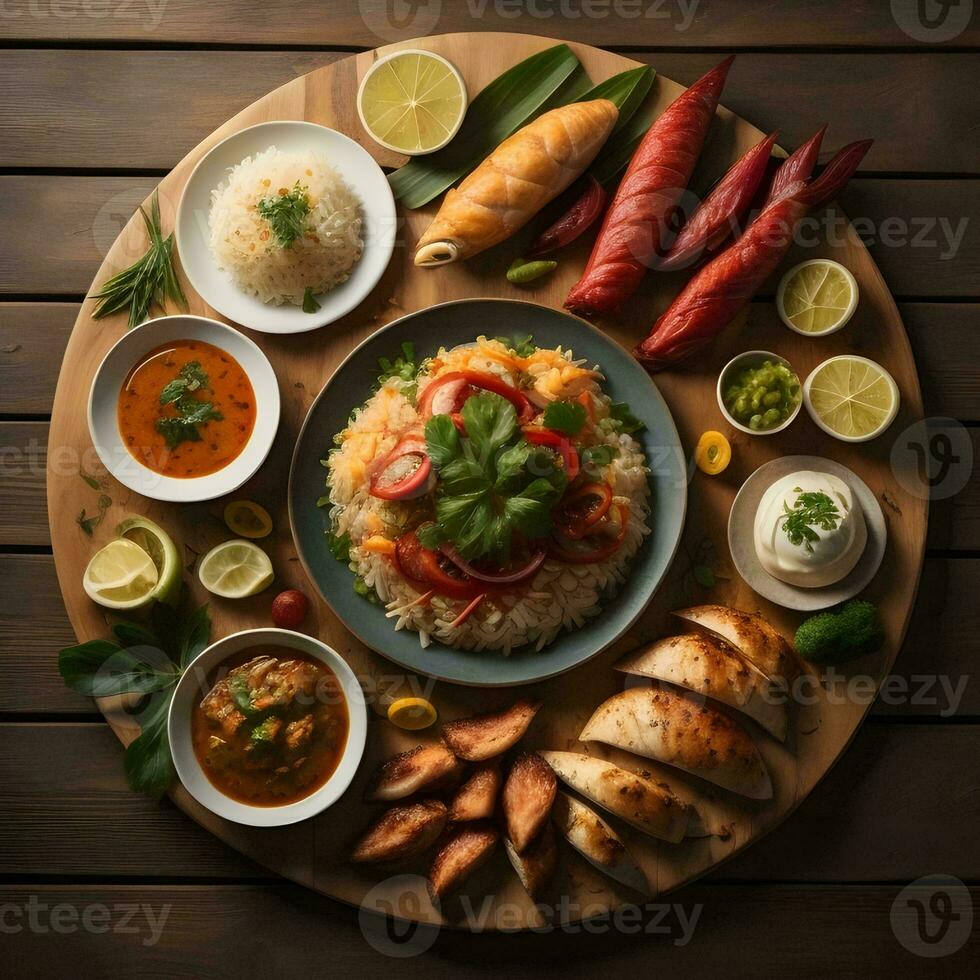 AI generated Indian cuisine. Assorted Indian dishes on wooden background, top view. generative ai photo