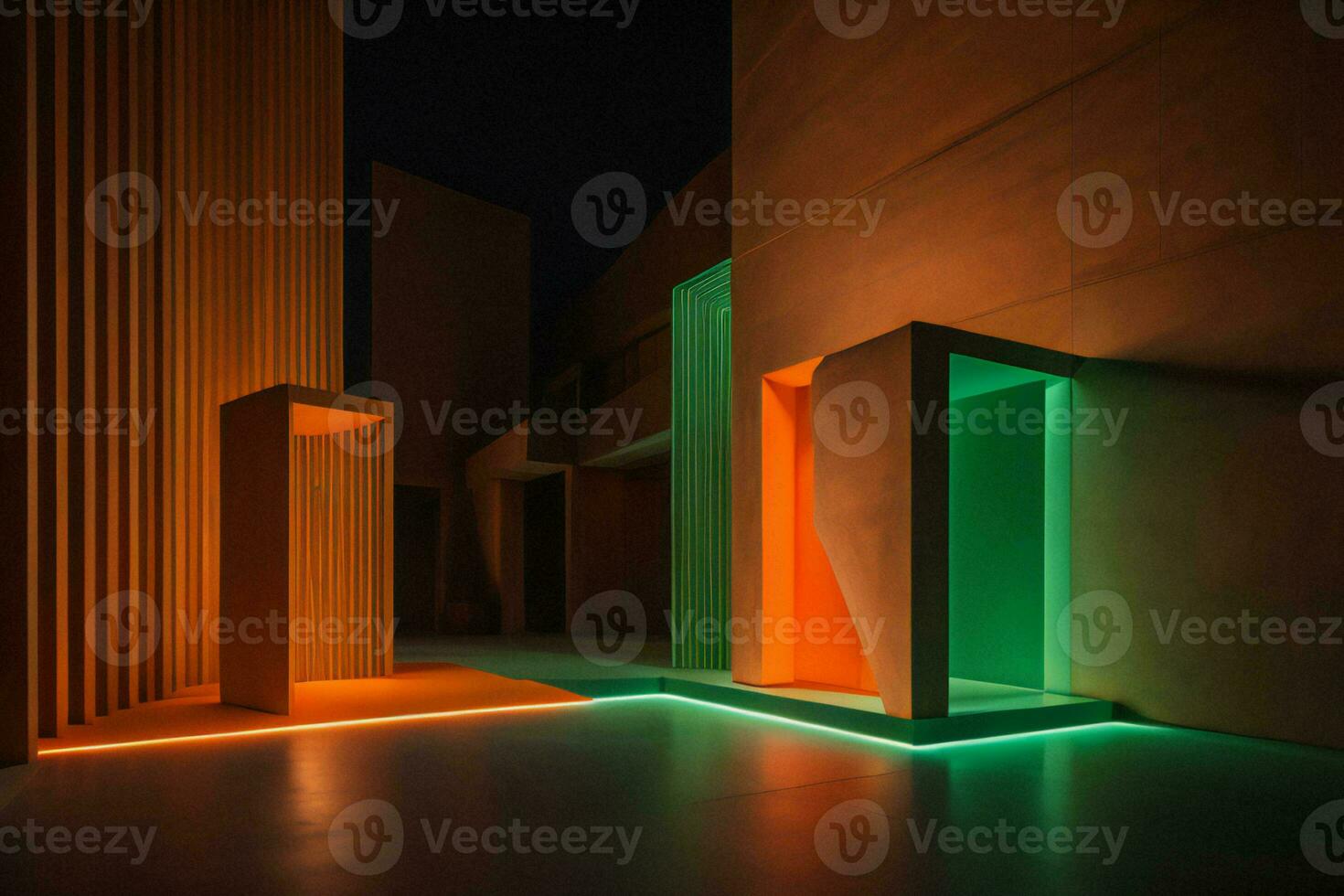 AI generated Futuristic interior design. Dark room with neon light. generative ai photo