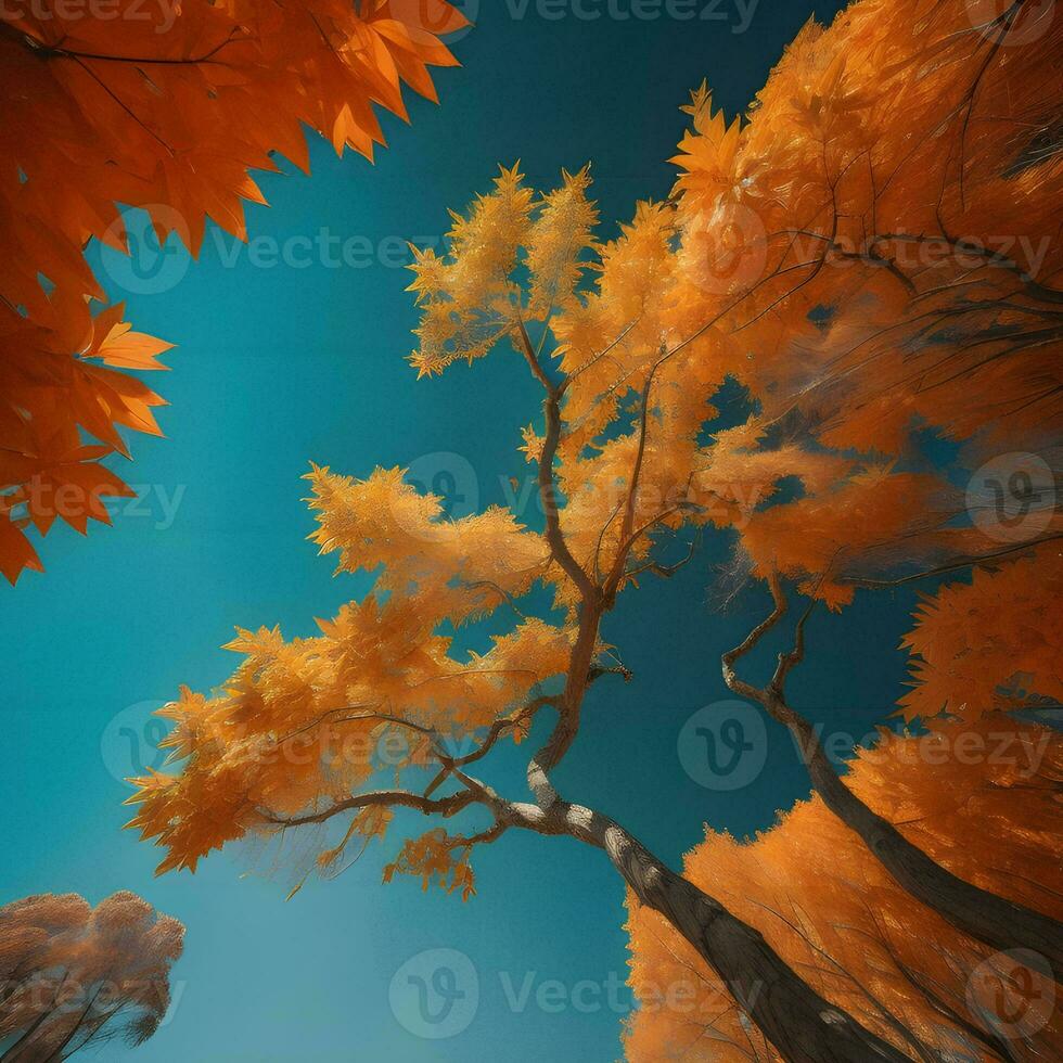 AI generated Autumn trees on a blue sky background. generative ai photo