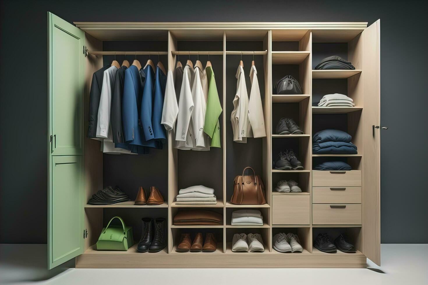 AI generated Wardrobe with clothes, shoes and accessories. generative ai photo