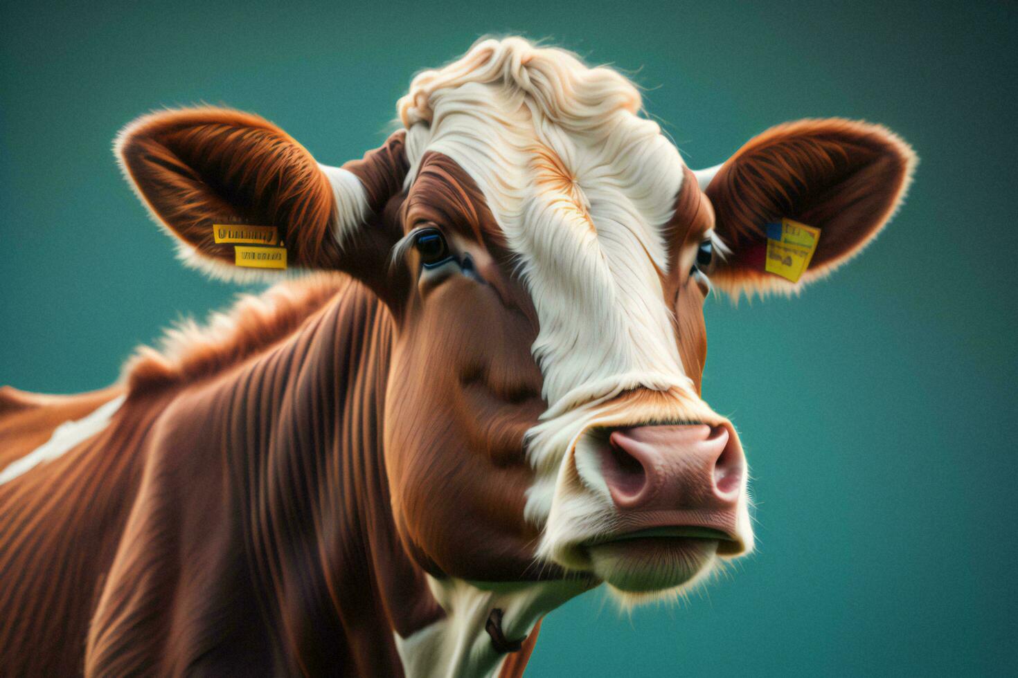 AI generated Cute brown and white cow portrait on green background, close up. generative ai photo