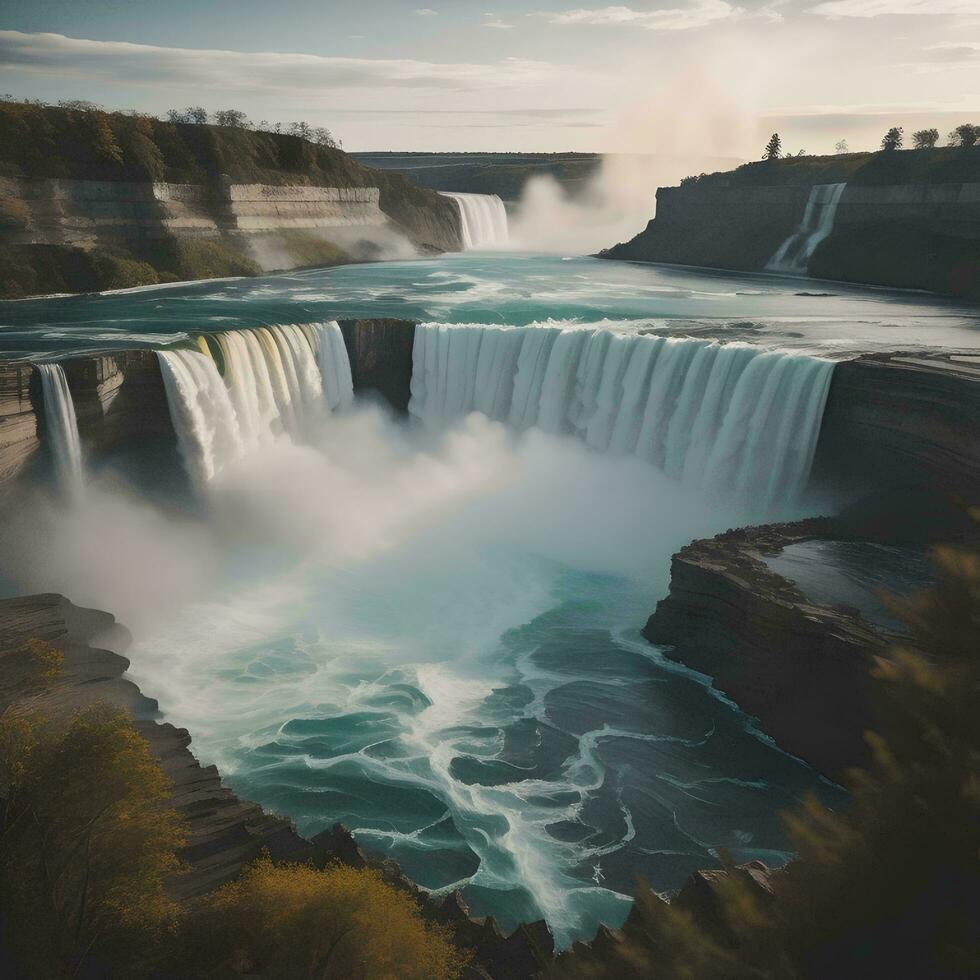 AI generated Niagara Falls in Autumn, Ontario, Canada. Long exposure. generative ai photo