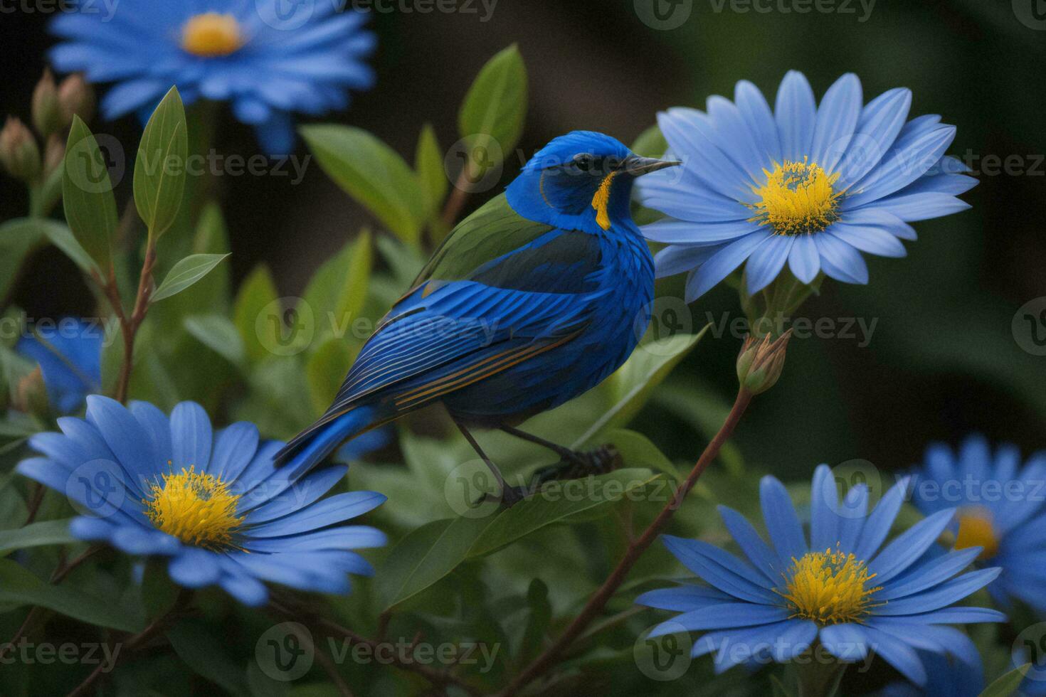 AI generated A beautiful blue bird on a blue daisy flower in the garden. generative ai photo