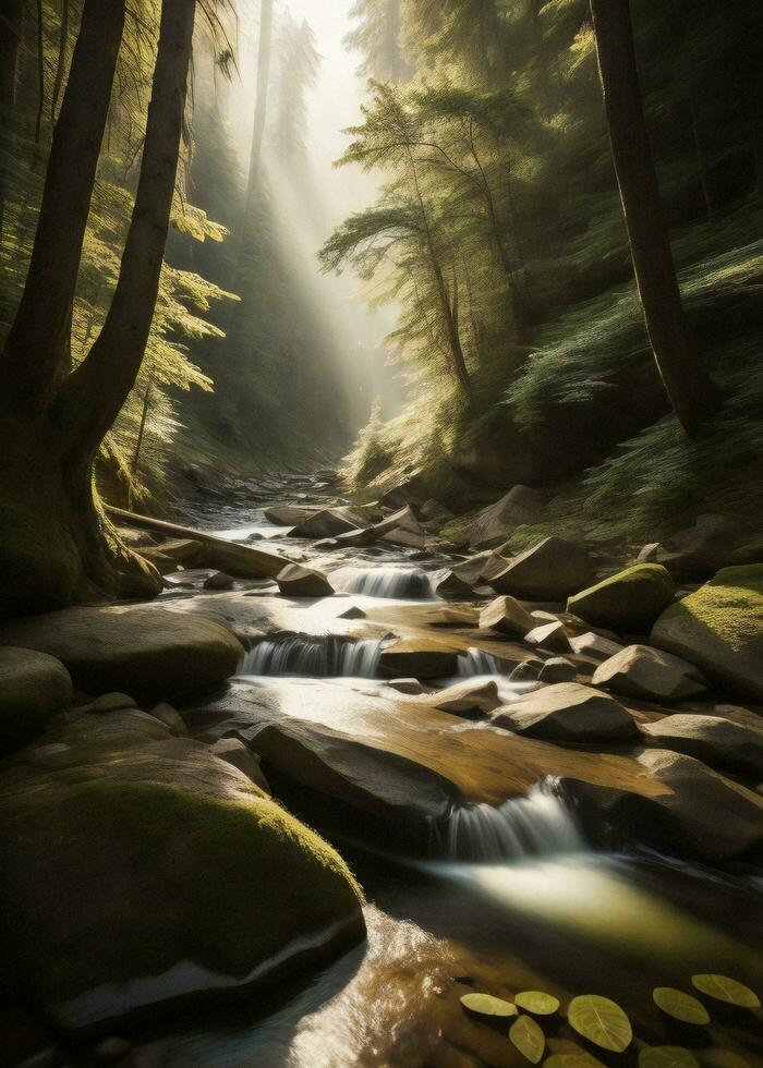 AI generated Long exposure of a river flowing through a forest with trees and rocks. generative ai photo