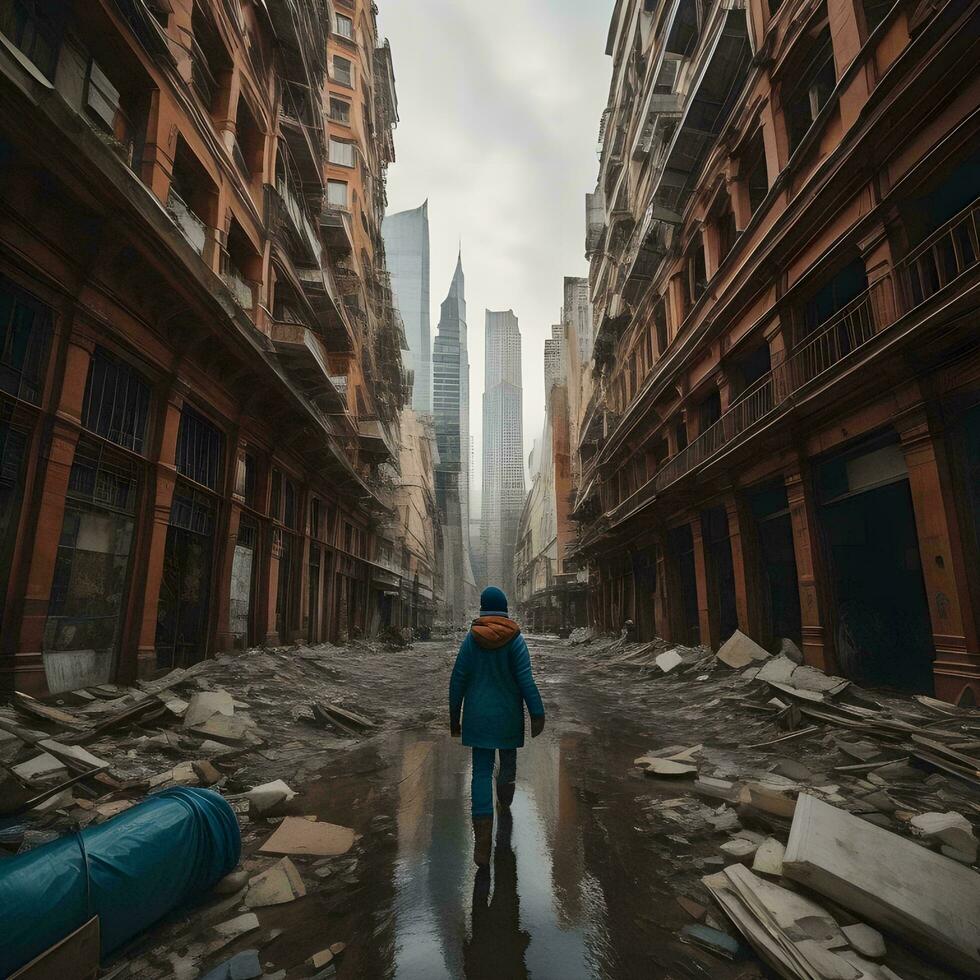 AI generated A young man walks along a flooded street. generative ai photo