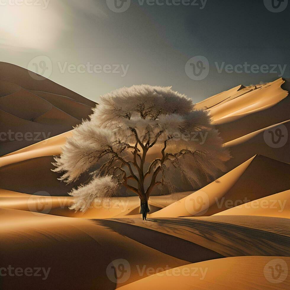 AI generated Lonely tree in the desert with sand dunes. generative ai photo
