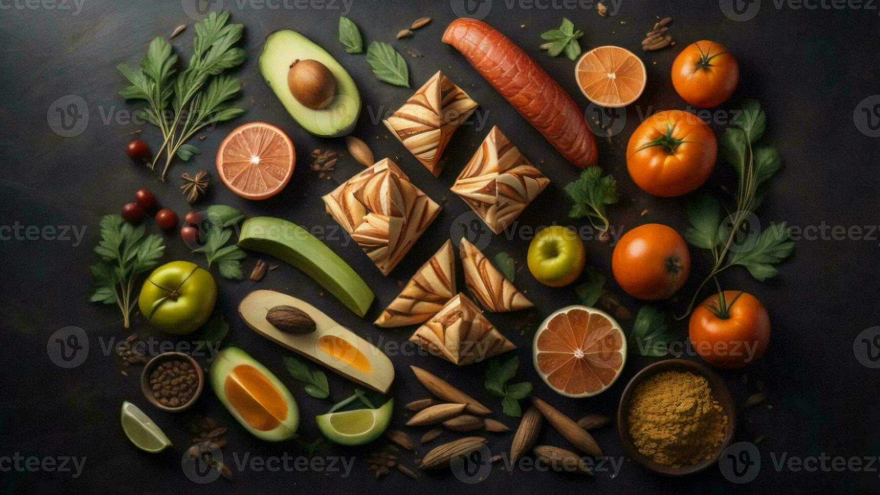 AI generated Healthy food selection on dark background. Top view, flat lay. generative ai photo