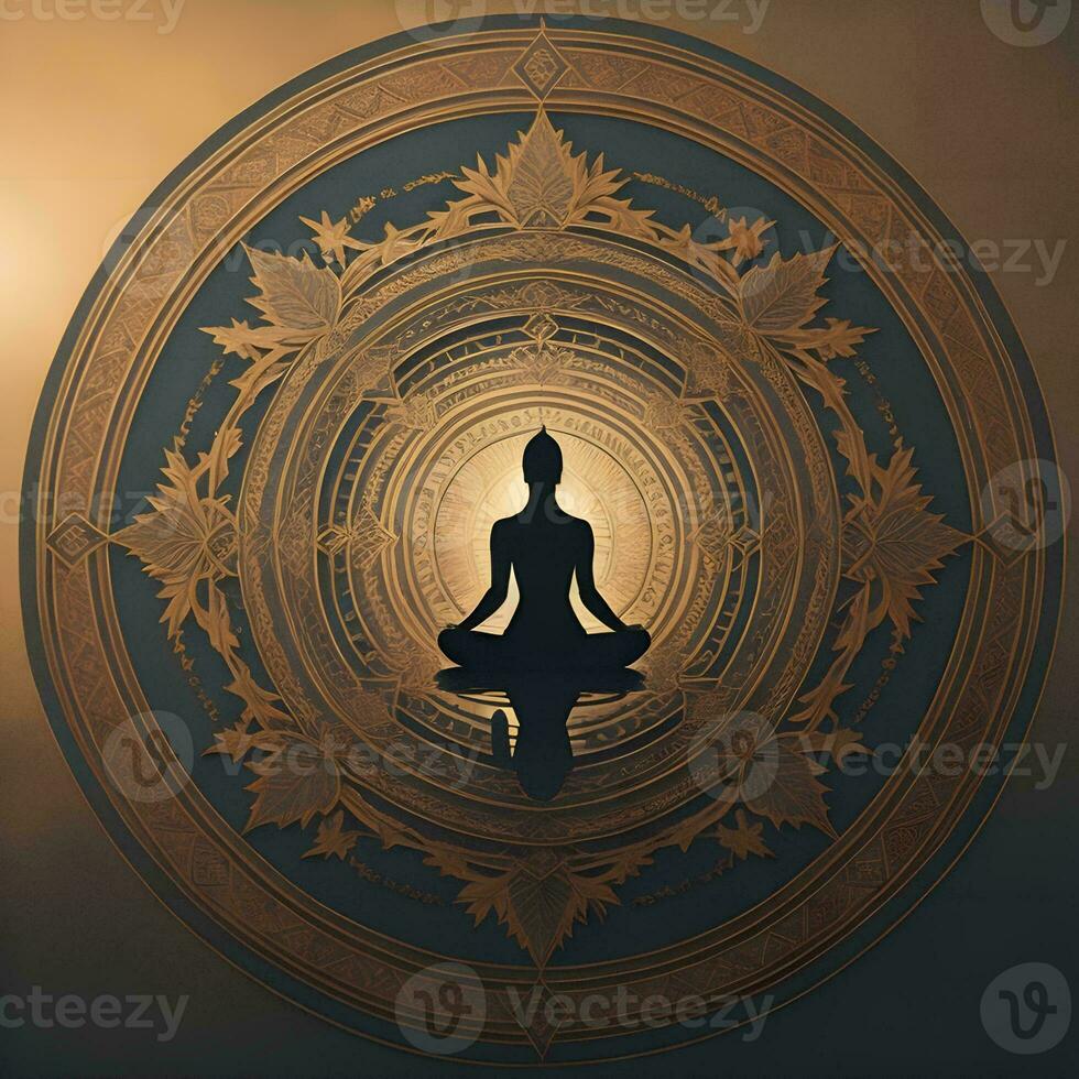 AI generated Silhouette of yoga woman in lotus position on mandala background. generative ai photo