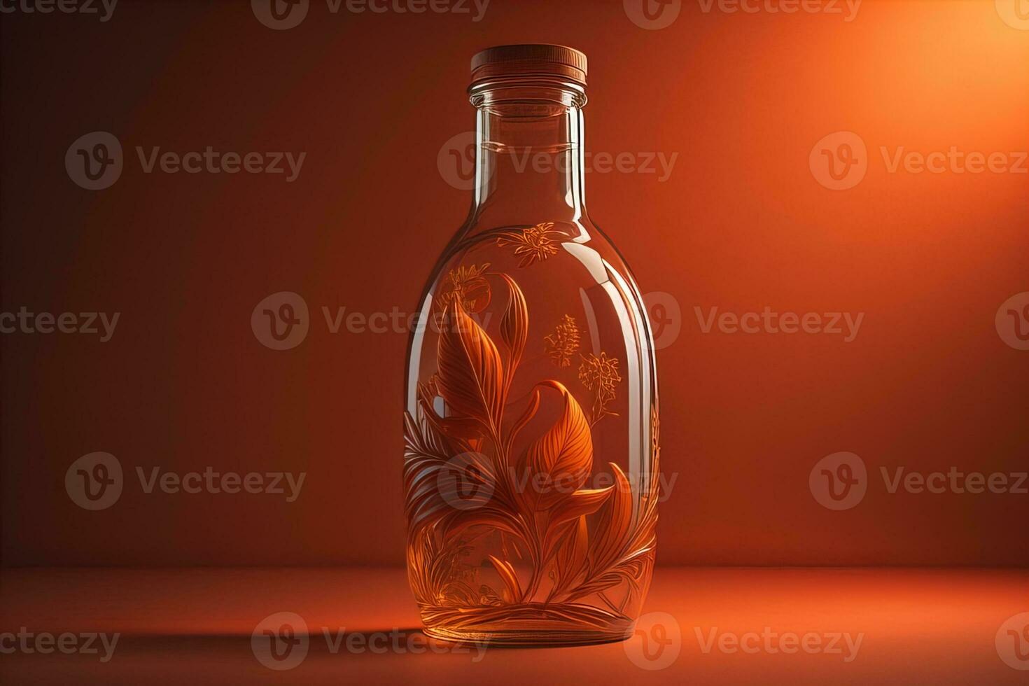 AI generated Bottle with floral design on orange background. generative ai photo