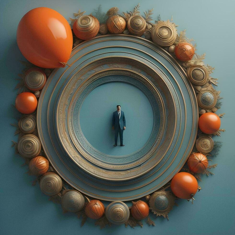 AI generated Businessman standing on a round plate surrounded by orange balloons. generative ai photo