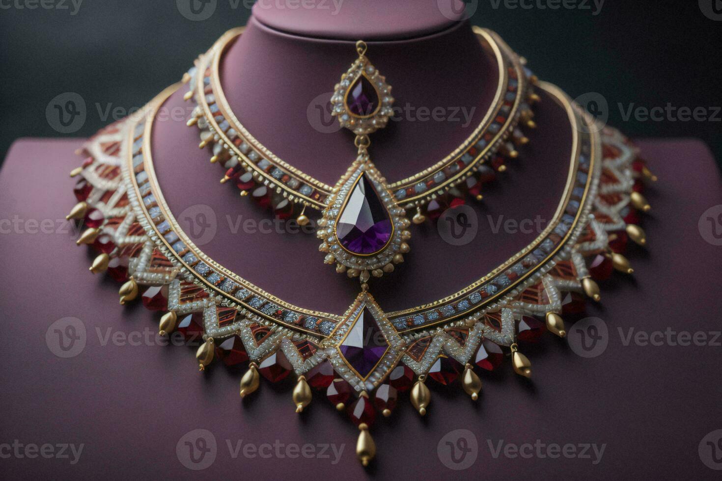 AI generated Necklace with precious stones on mannequin in jewelry store. generative ai photo