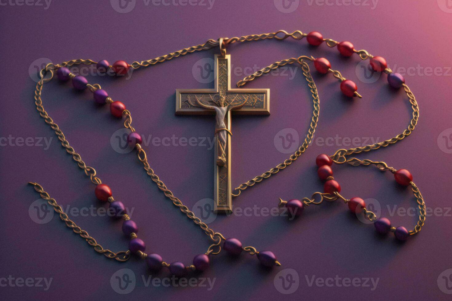AI generated Cross with rosary beads on purple background. generative ai photo