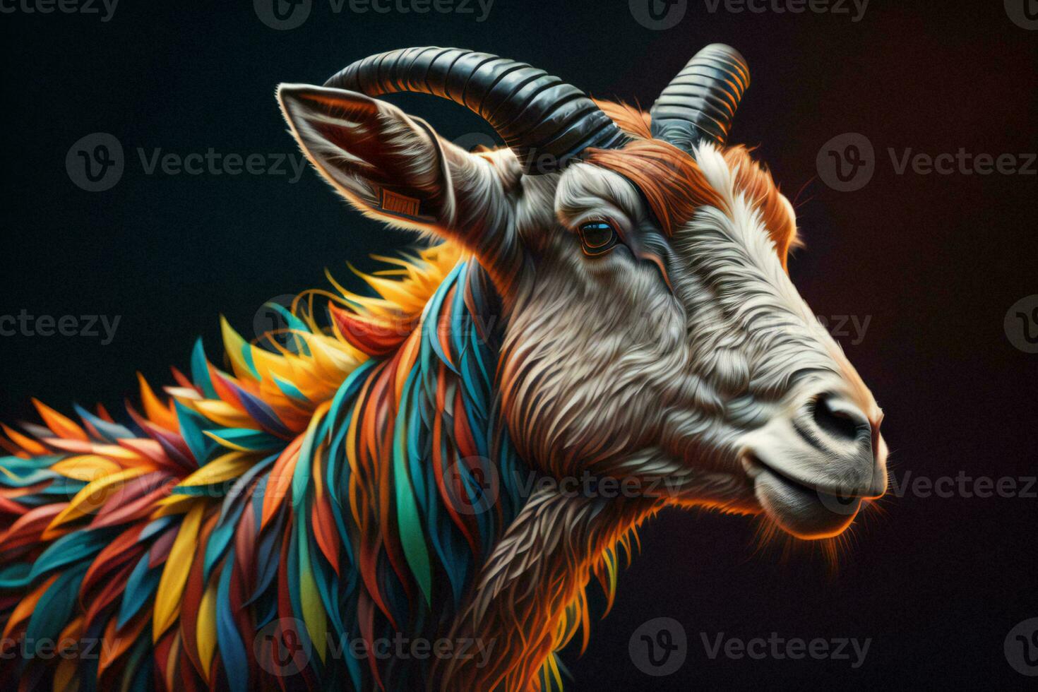 AI generated Portrait of a goat with colorful hair on a dark background. ai generated photo