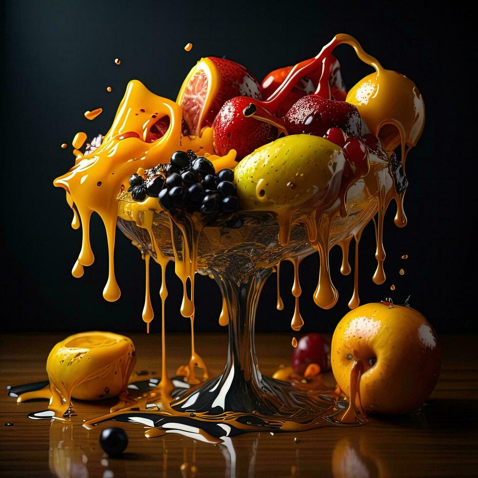 AI generated Fruit salad in a glass vase on a black background. generative ai photo