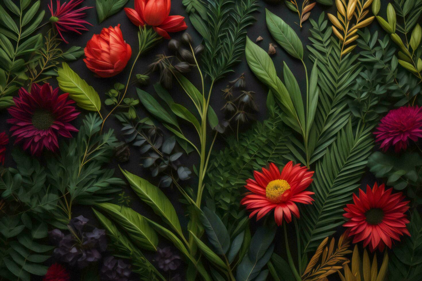 AI generated Flowers composition. Flat lay, top view, floral background. generative ai photo
