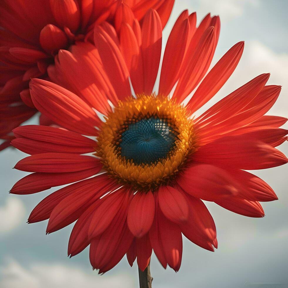 AI generated Red sunflower with blue sky and clouds in background - retro vintage effect. generative ai photo