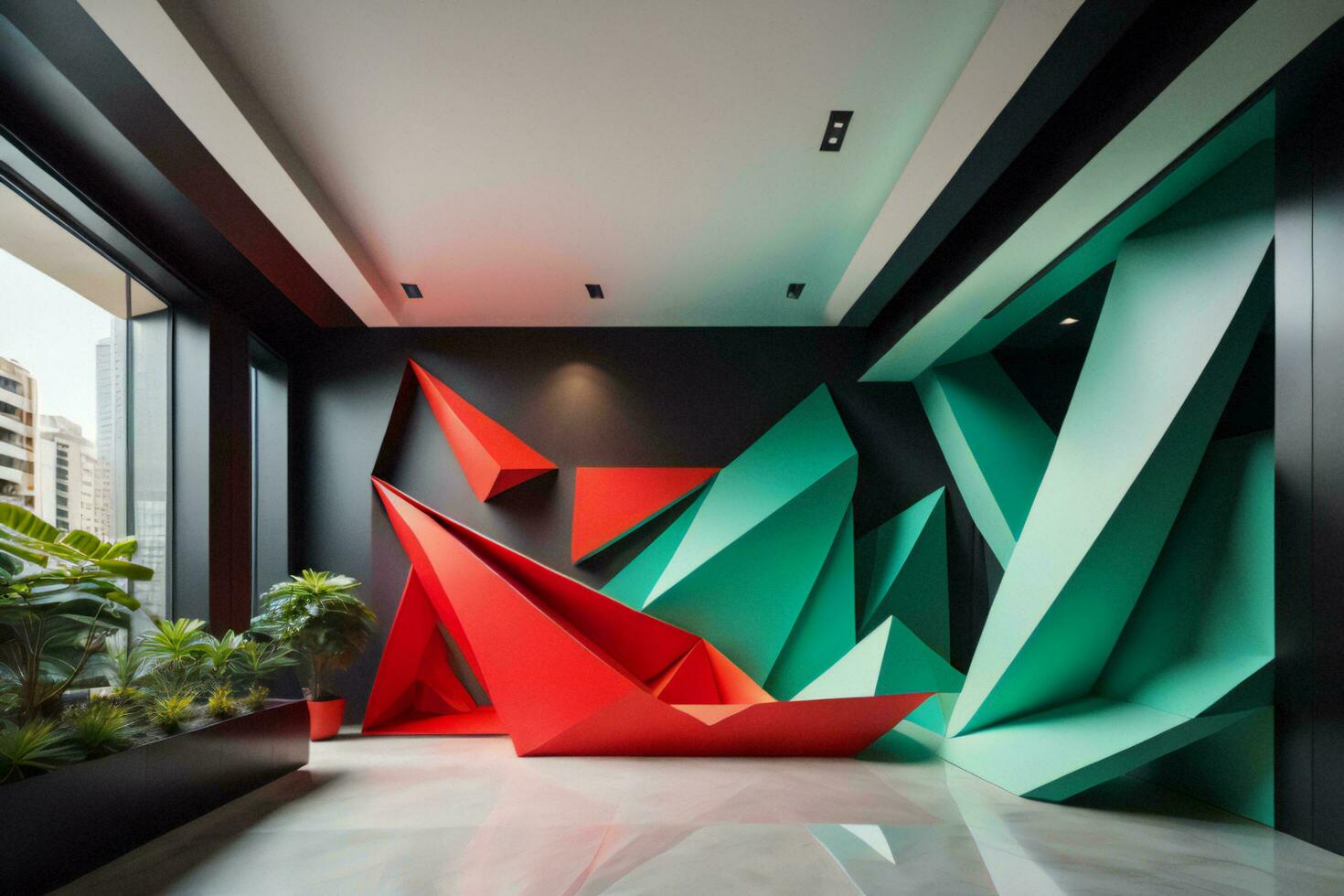 AI generated Interior of modern office with black and green walls, concrete floor, gray ceiling and rows of colorful paper boats. generative ai photo