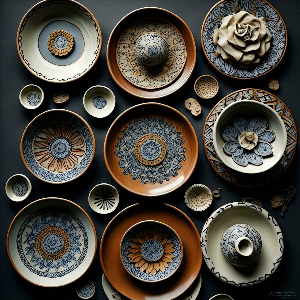 AI generated Collection of ceramic plates and bowls on dark background. Top view. generative ai photo