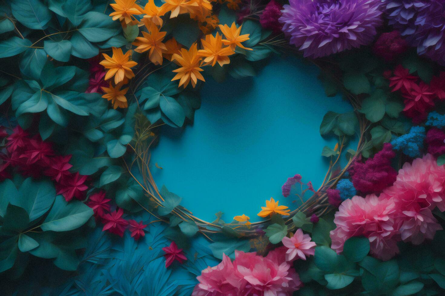 AI generated Flowers composition. Frame made of flowers on blue background. Flat lay, top view, copy space. generative ai photo