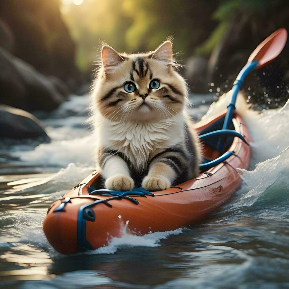AI generated Persian cat swims in kayak on the river at sunset. generative ai photo