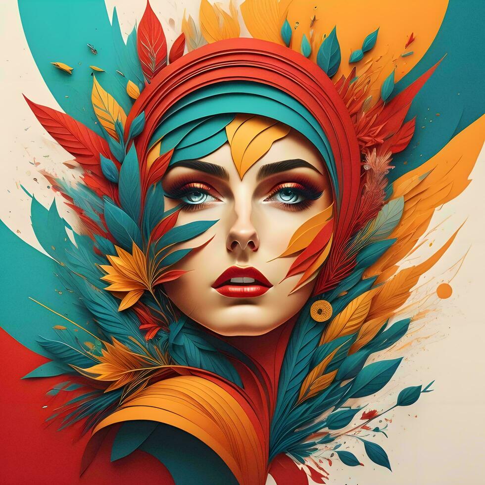 AI generated Beautiful woman face with colorful autumn leaves. Fashion art portrait. generative ai photo