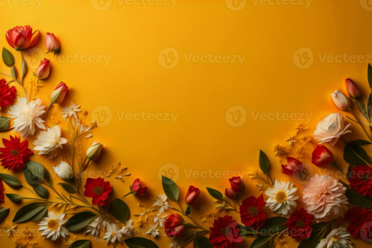 AI generated Flowers composition on yellow background. Flat lay, top view, copy space. ai generated photo