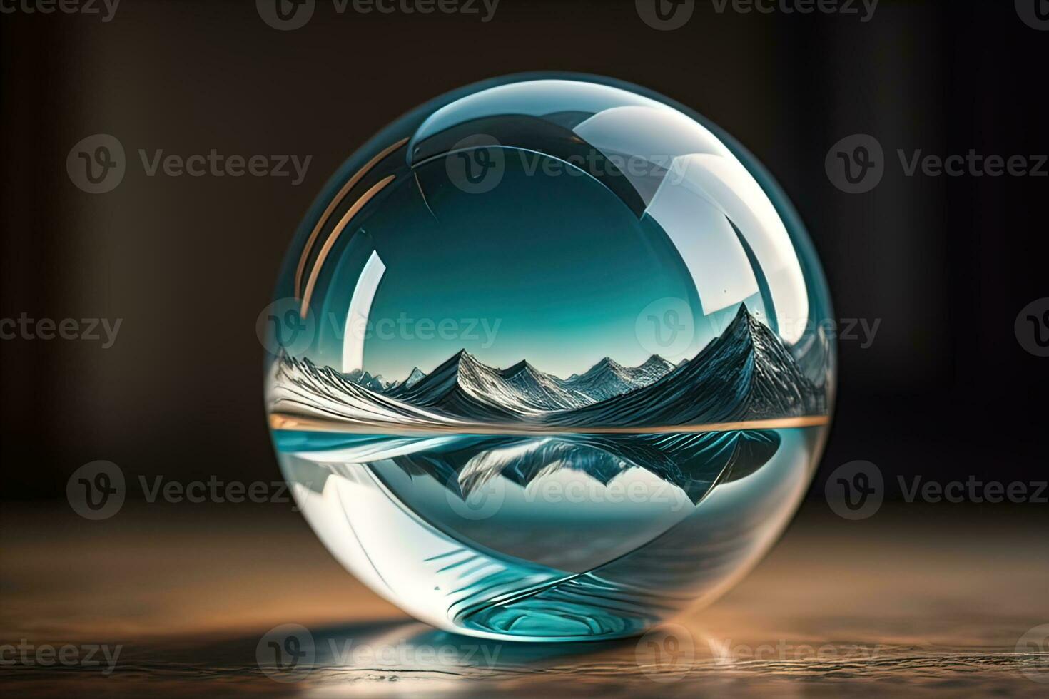 ai generado transparente cristal pelota en un de madera mesa. ai generativo foto