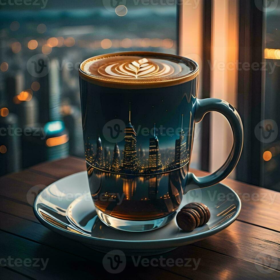AI generated Cup of coffee with cityscape background. generative ai photo