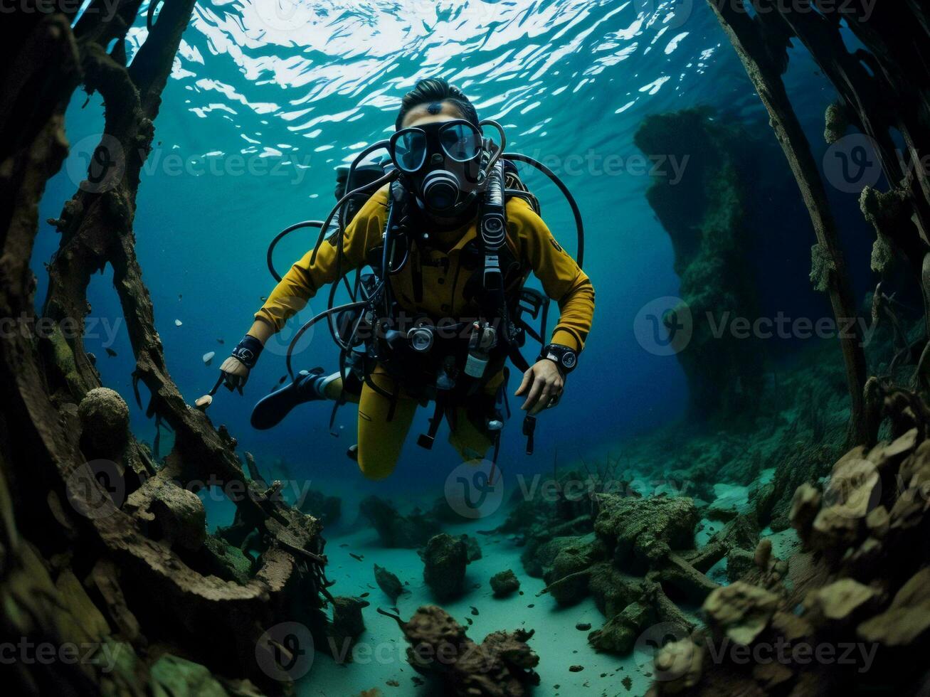 AI generated Scuba diver exploring a sunken ship wreck. generative ai photo