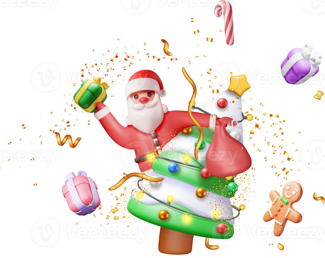 3d de kerstman claus met geschenk zak en Kerstmis boom png